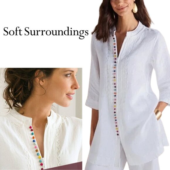 NWT, Soft Surroundings, Desert Tunic, 100% Linen ¾ Sleeve Zipper Tunic, White - Picture 1 of 7